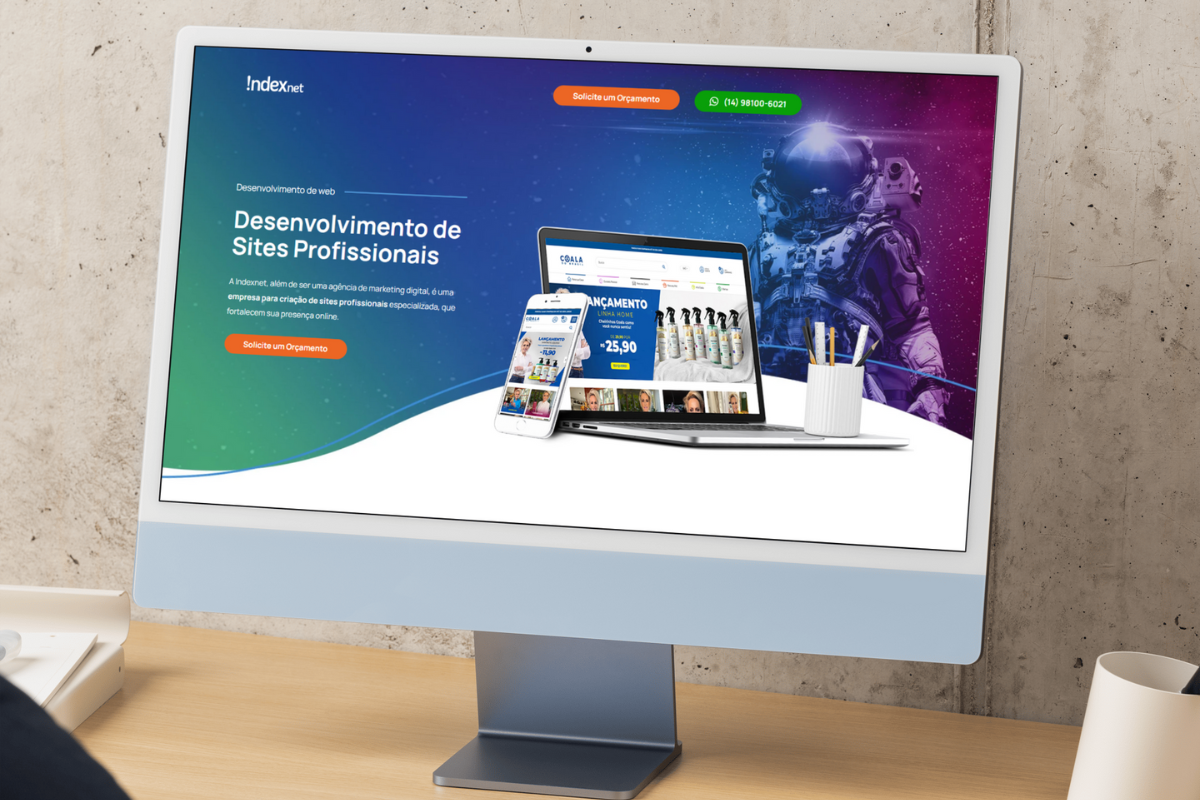 A imagem mostra um monitor aberto na página de desenvolvimento de sites profissionais da Indexnet para ilustrar o texto sobre o que é landing page.
