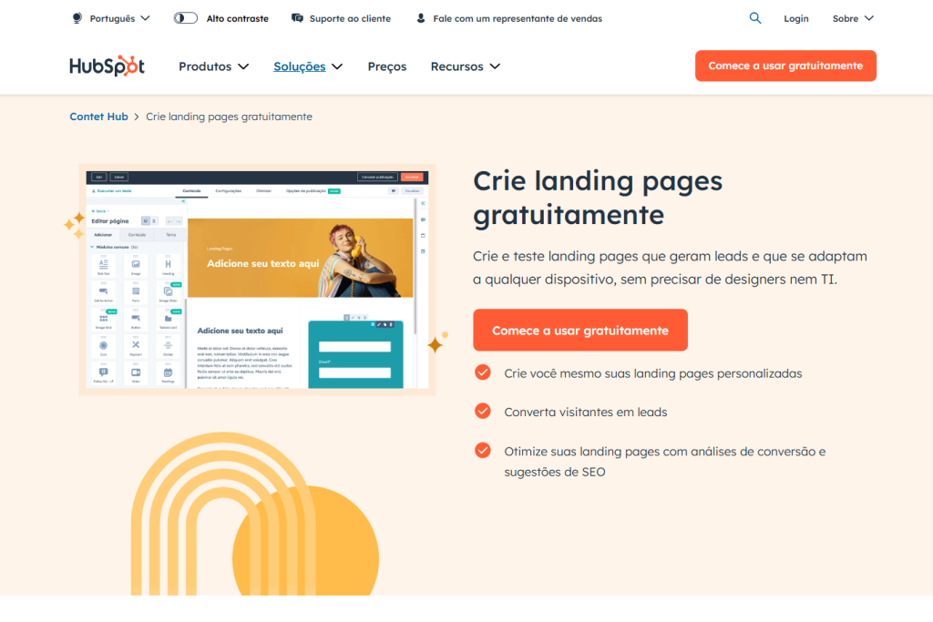 A imagem é um print de uma página do HubSpot para exemplificar ferramentas de criação de landing pages.
