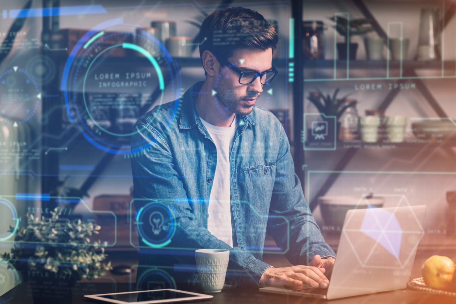 A imagem mostra um homem usando inteligência artificial no marketing digital para analisar dados e otimizar campanhas.