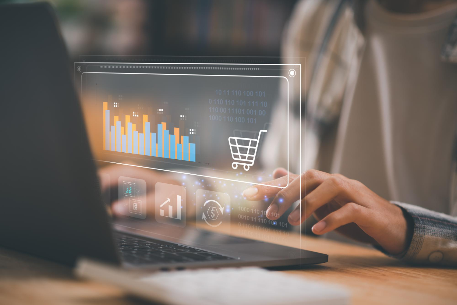 Pessoa analisando dados de vendas em um dashboard digital, representando o uso da análise de dados para melhorar resultados no e-commerce.